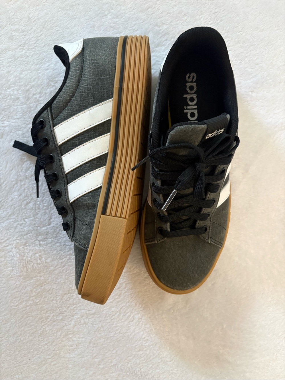 adidas Grey Canvas Sneakers with White Stripes and Gum Sole